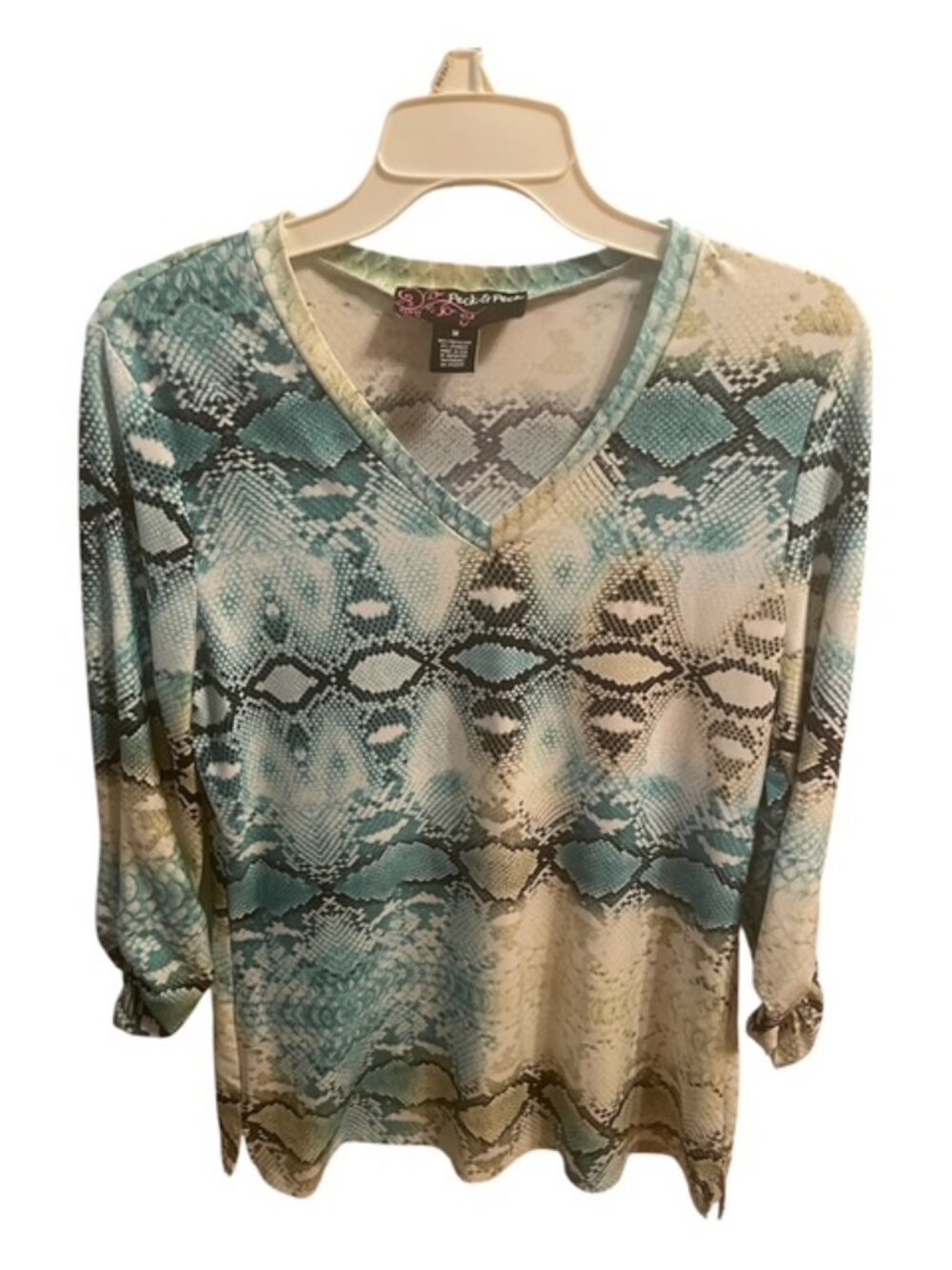 Peck & Peck Teal And Cream Snakeskin Print V-Neck Top Medium
